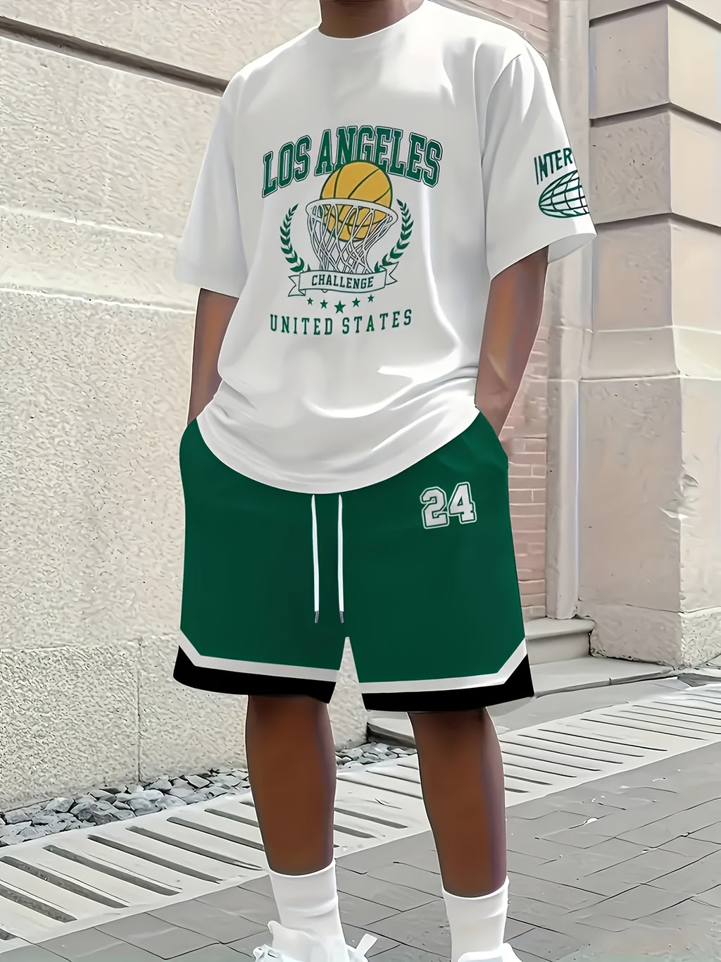 2pcs T-Shirt + Shorts Set, Los Angeles Letter Print, Basketball Training Outfit, 3D Printing Technology, New Upgraded Fabric, Comfortable and Breathable, Suitable for Outdoor Sports & Fitness