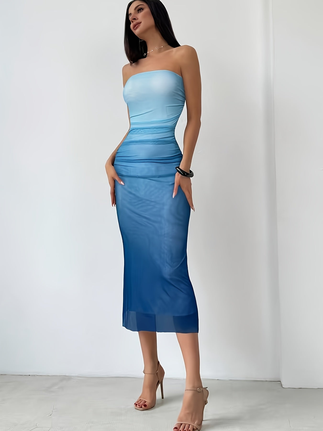 Mesh Gradient Pleated Sexy Bodycon Slit Strapless Tube Top Maxi Dress