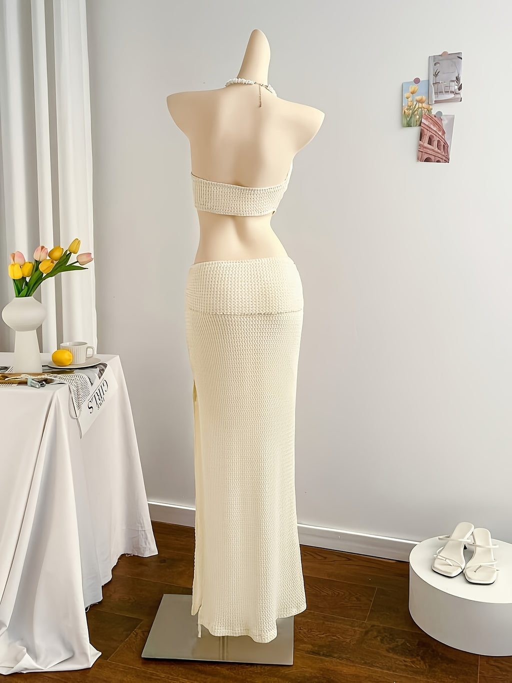 Beach Metal Shell Decoration Vacation White High-Waisted Hollow Jacquard Elastic Mermaid Dress