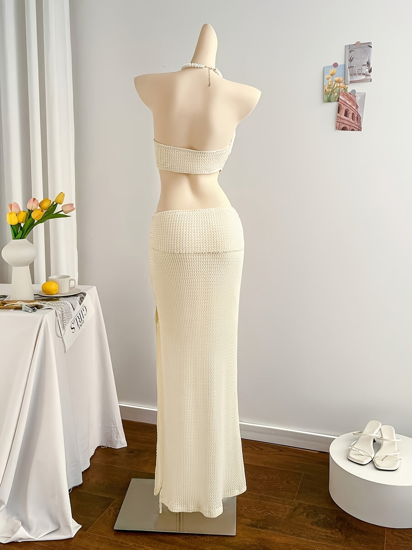 Beach Metal Shell Decoration Vacation White High-Waisted Hollow Jacquard Elastic Mermaid Dress