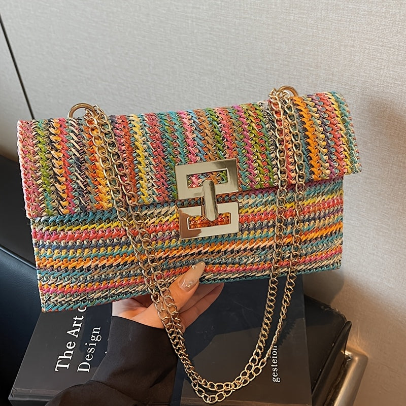 New Women'S Fashion Solid Striped Contrast Color Block Design Chain Shoulder Strap Single Shoulder Bag, Colorful Versatile Easy Casual Elegant Women'S Crossbody Bag, Classic Square Bag, Work Bag, Suitable for Daily Outing Shopping, Commuting