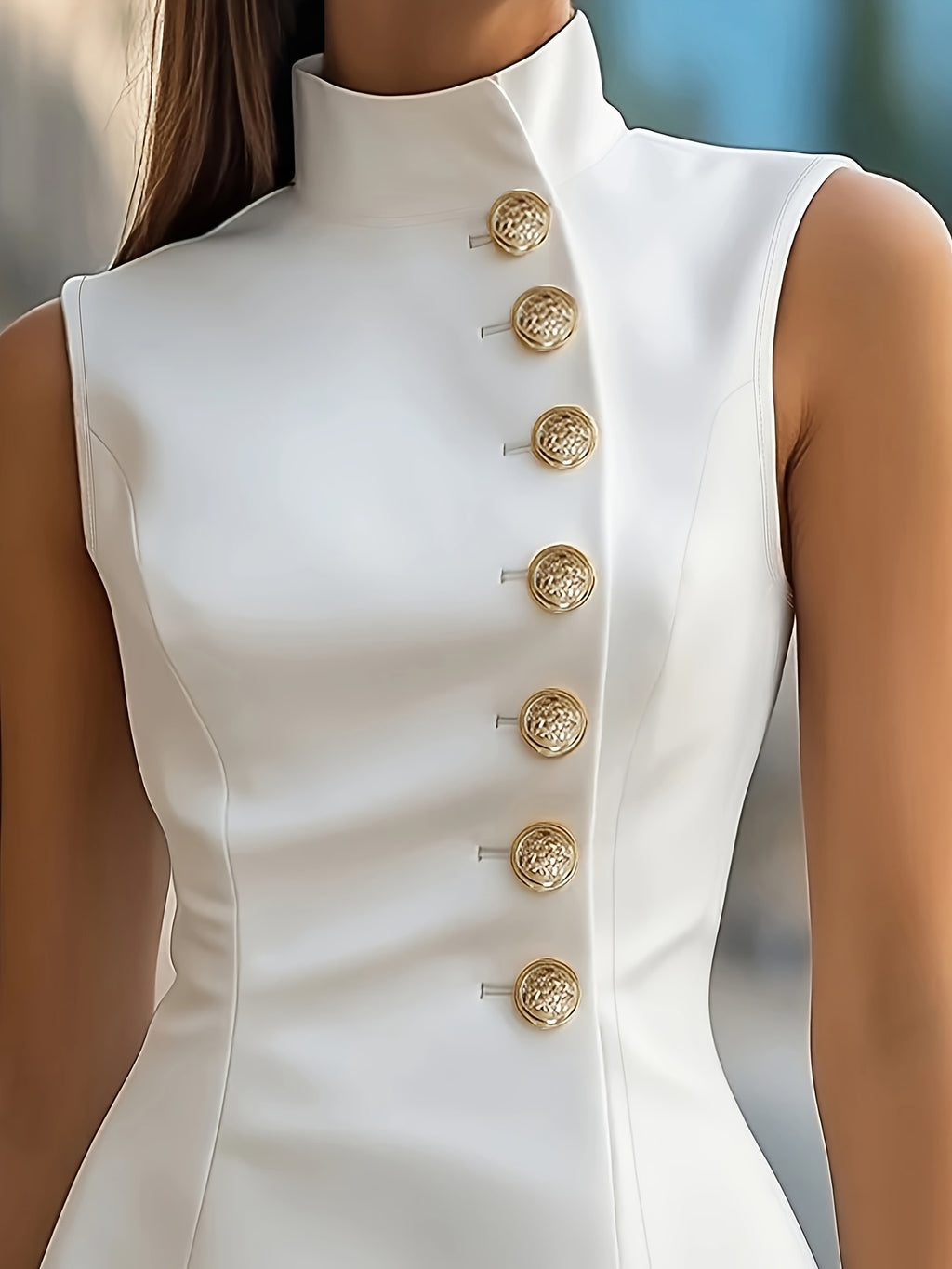 Women's Off-Shoulder Buttoned Slit Sleeveless Dress