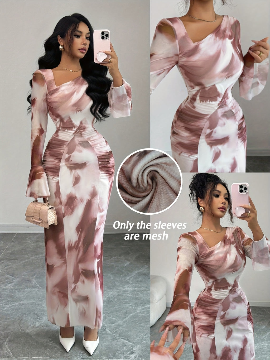 Elegant And Fashionable New Adult Women'S Autumn And Winter Floral Tie-Dye Print Notched Collar Long-Sleeved Flared Sleeve Slim Fit Waist Pleated Hip-Hugging Sexy Dating Commuting Vacation Dating Valentine'S Day Long Dress