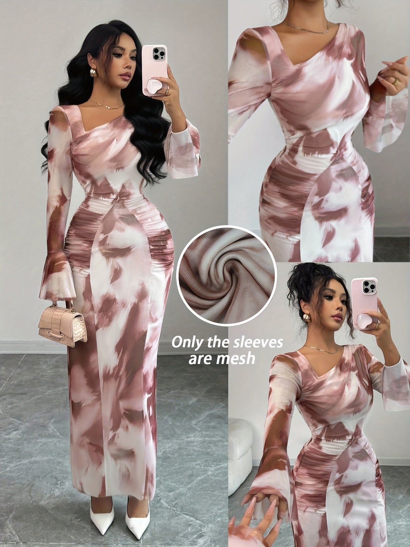 Elegant And Fashionable New Adult Women'S Autumn And Winter Floral Tie-Dye Print Notched Collar Long-Sleeved Flared Sleeve Slim Fit Waist Pleated Hip-Hugging Sexy Dating Commuting Vacation Dating Valentine'S Day Long Dress
