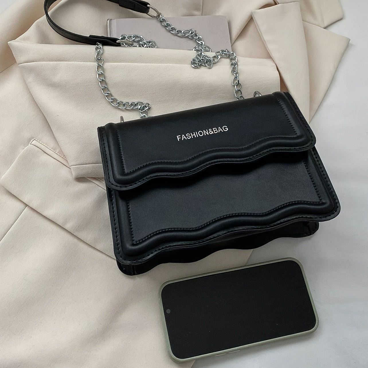 Letter Graphic Shoulder Bag Scallop Detail Chain Strap