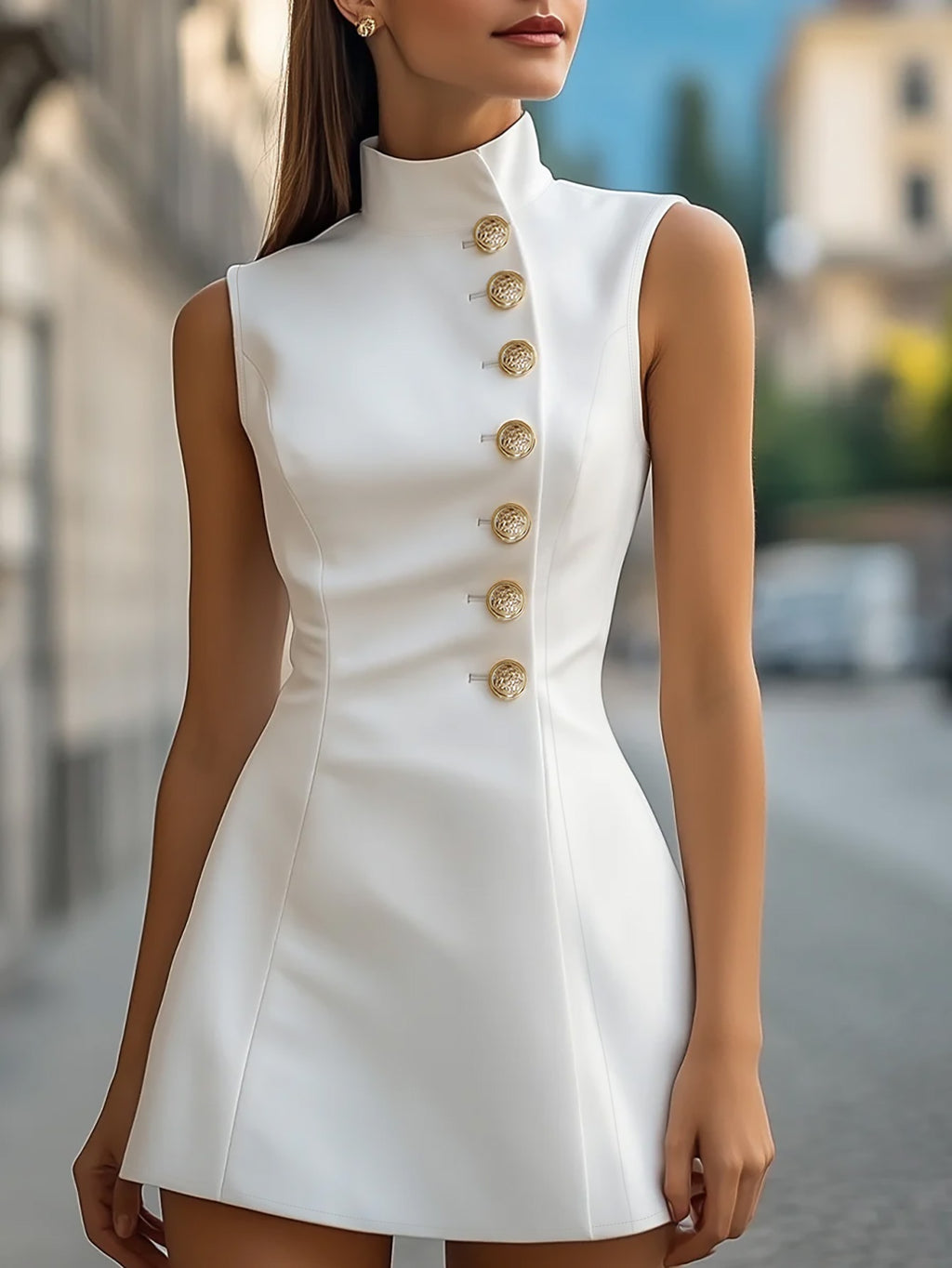 Women's Off-Shoulder Buttoned Slit Sleeveless Dress