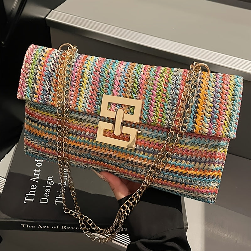 New Women'S Fashion Solid Striped Contrast Color Block Design Chain Shoulder Strap Single Shoulder Bag, Colorful Versatile Easy Casual Elegant Women'S Crossbody Bag, Classic Square Bag, Work Bag, Suitable for Daily Outing Shopping, Commuting