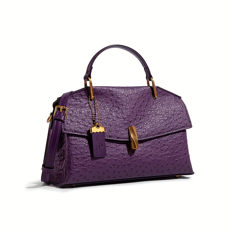 Elegant Purple Ostrich Pattern Handbag for Wo  - Luxury Handbag with Golden-Tone Hardware, Detachable Shoulder Strap & Option, Perfect for Commuting or Everyday Use