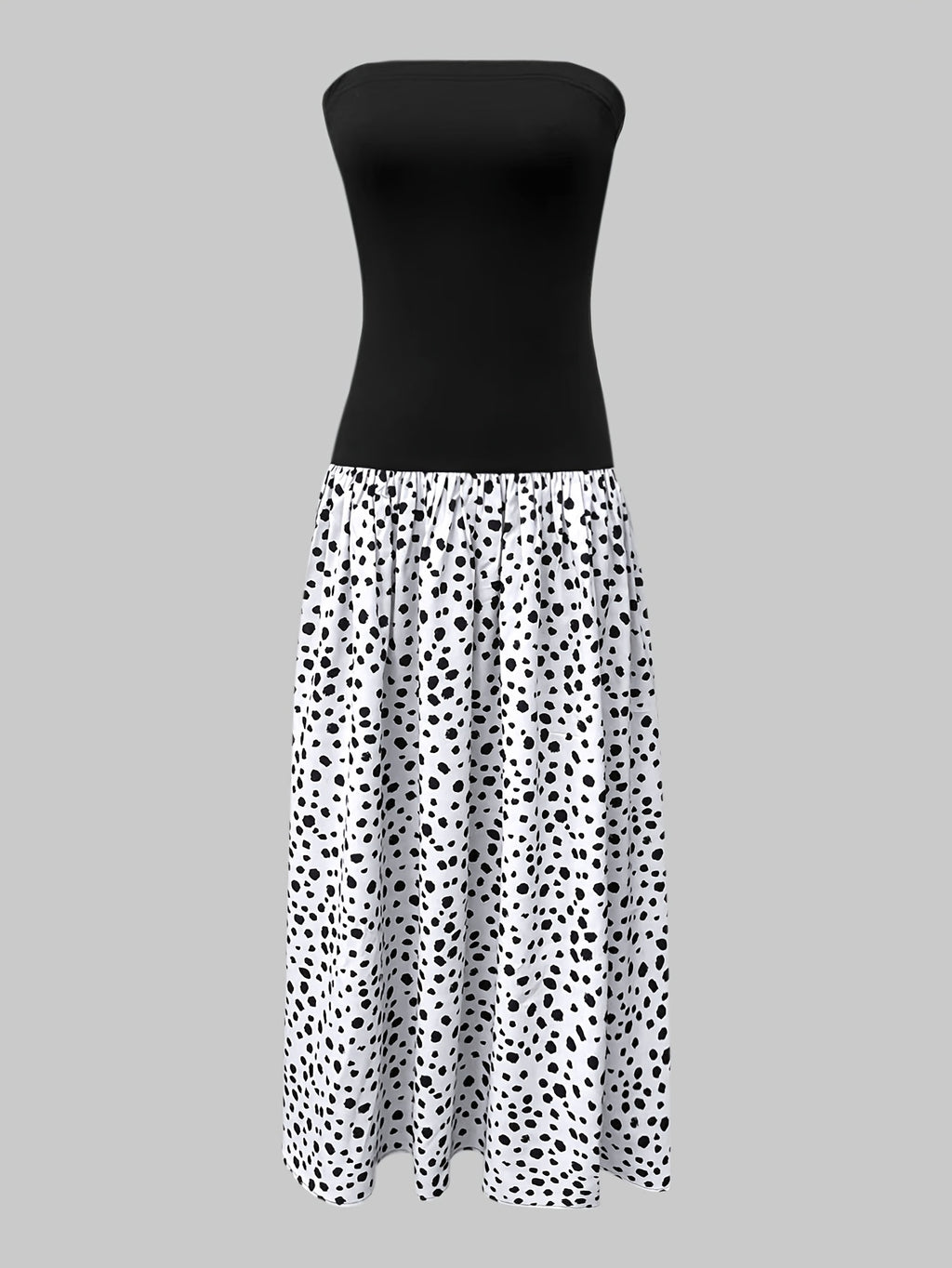 Black Strapless Polka Dot Print Long Dress Women'S Summer French Retro Elegant High Waist Drape, Suitable for Daily Wear, Commuting, Going Out, Traveling, Parties, Vacations, Music Festivals And Other Occasions
