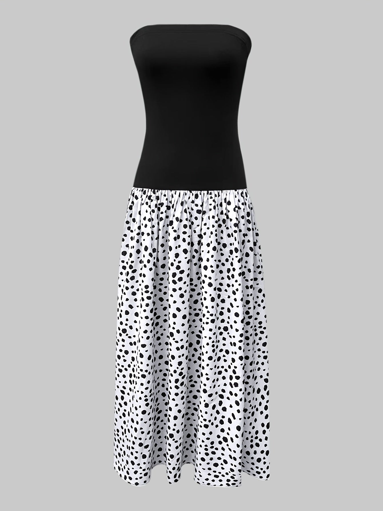 Black Strapless Polka Dot Print Long Dress Women'S Summer French Retro Elegant High Waist Drape, Suitable for Daily Wear, Commuting, Going Out, Traveling, Parties, Vacations, Music Festivals And Other Occasions