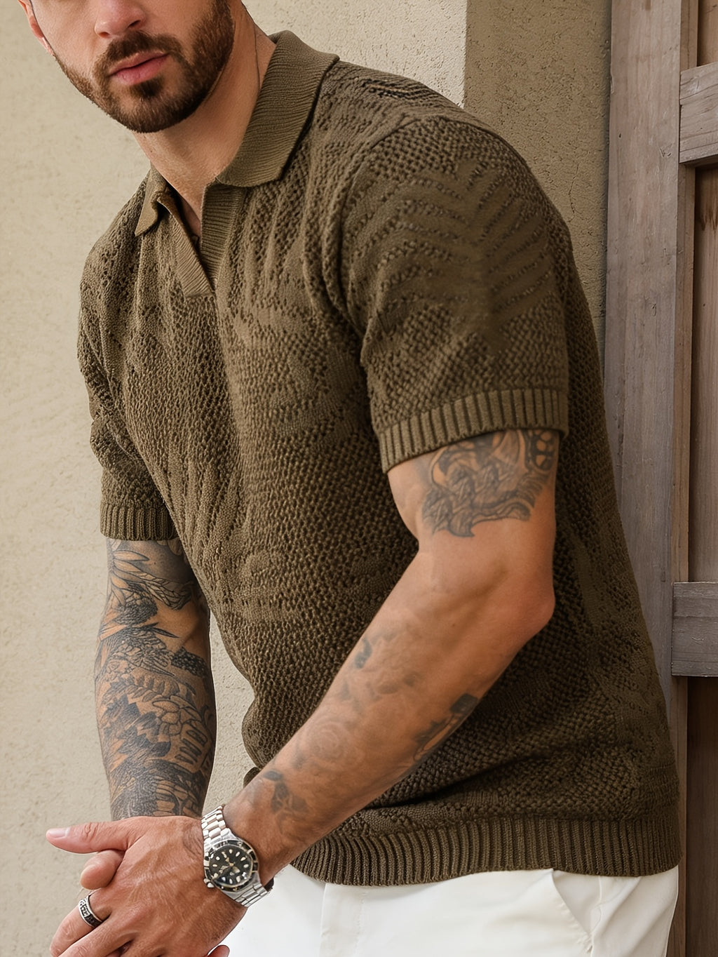 Men's Knitted Short-Sleeve Top, Summer Vacation Style Tropical Plant Jacquard Shirt