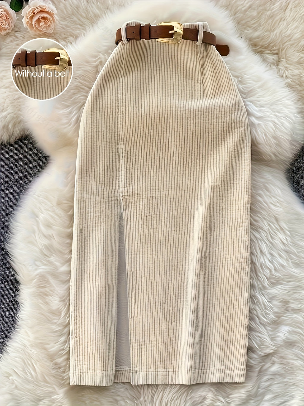 New Fashionable And Elegant Retro-Style Midi Skirt with Slit, High Waist, Design, Knee-Length, A-Line, Bodycon Style. Belt Not Included