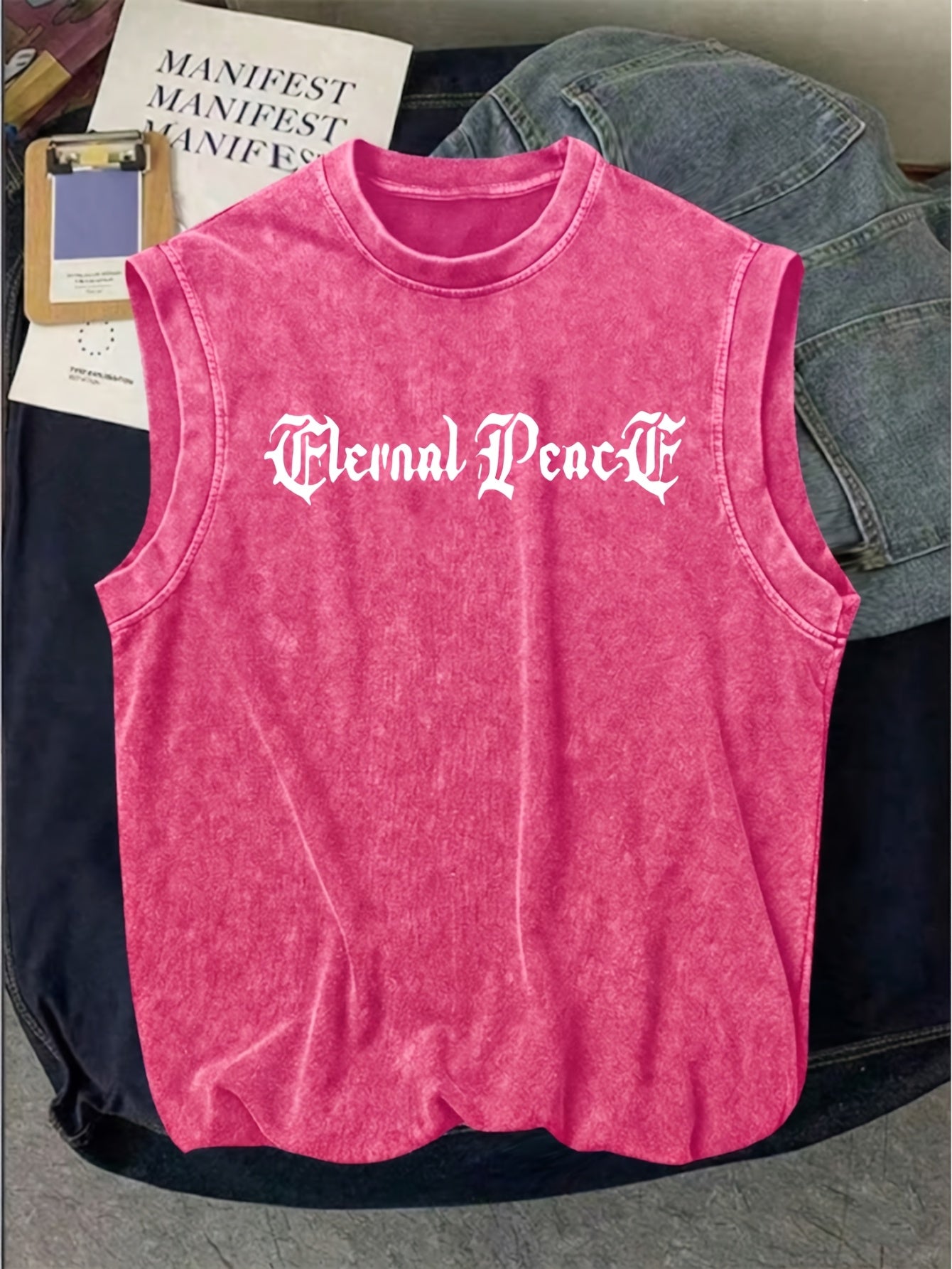 Men's Washed Vest with Gothic Cursive "Eternal Peace" Printed on the Chest in Sharp, Ornate Lettering That Instantly Evokes a Cool, Artistic Vibe. The Heavyweight Fabric Is Stiff and Resistant to Deformation. Whether for Weightlifting or Streetwear