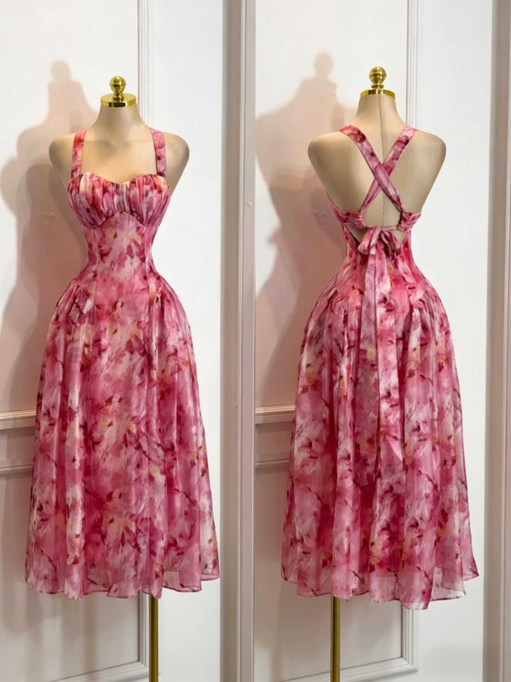 Women's Floral Halter Neck Backless Waist-Cinching Dress
