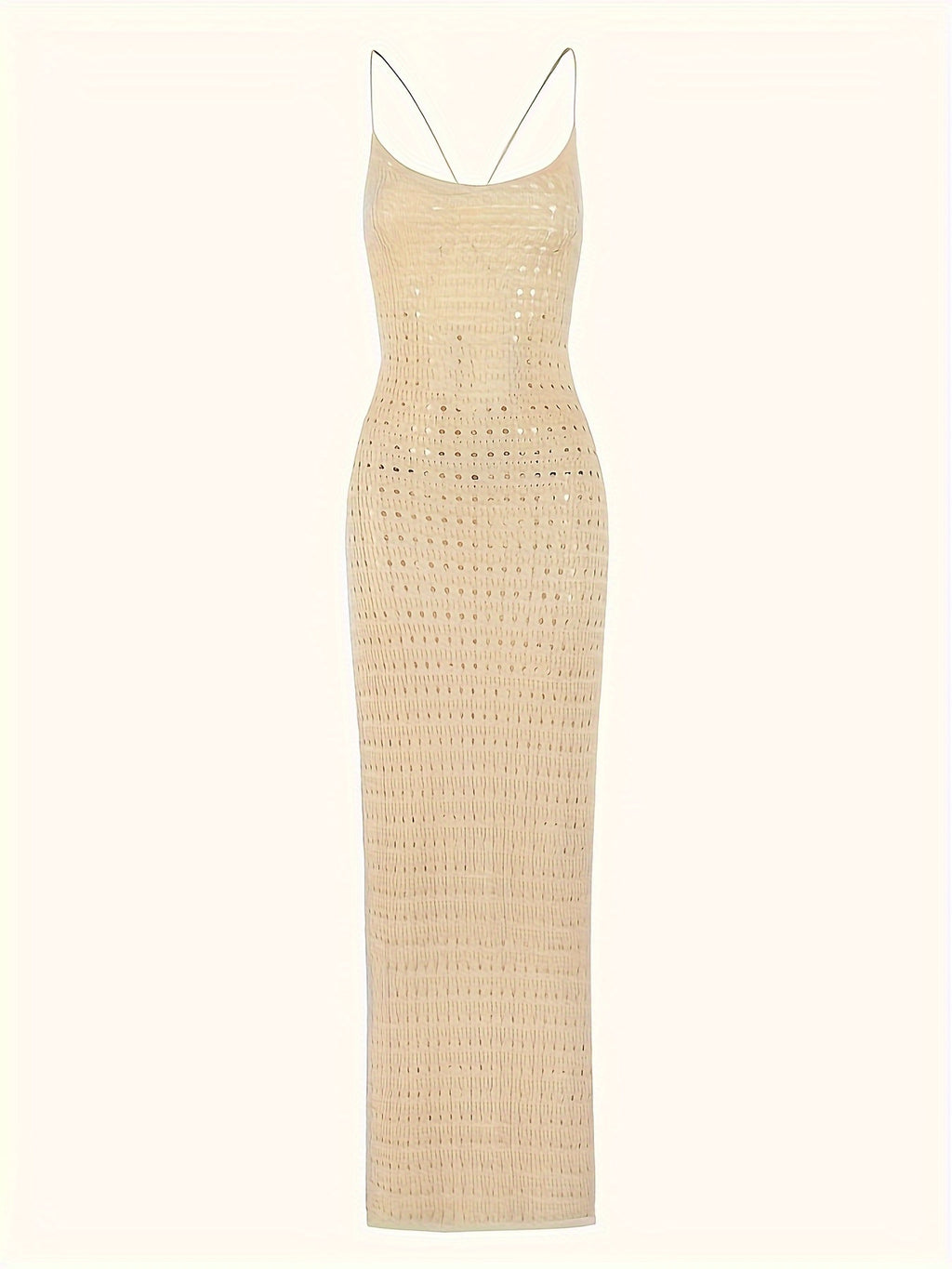 Hollow Out Knitted Backless Crisscross Strap Tie Back Elegant Style Plain Khaki Split Side Cover Up Dress, Women's Swimwear & Clothing