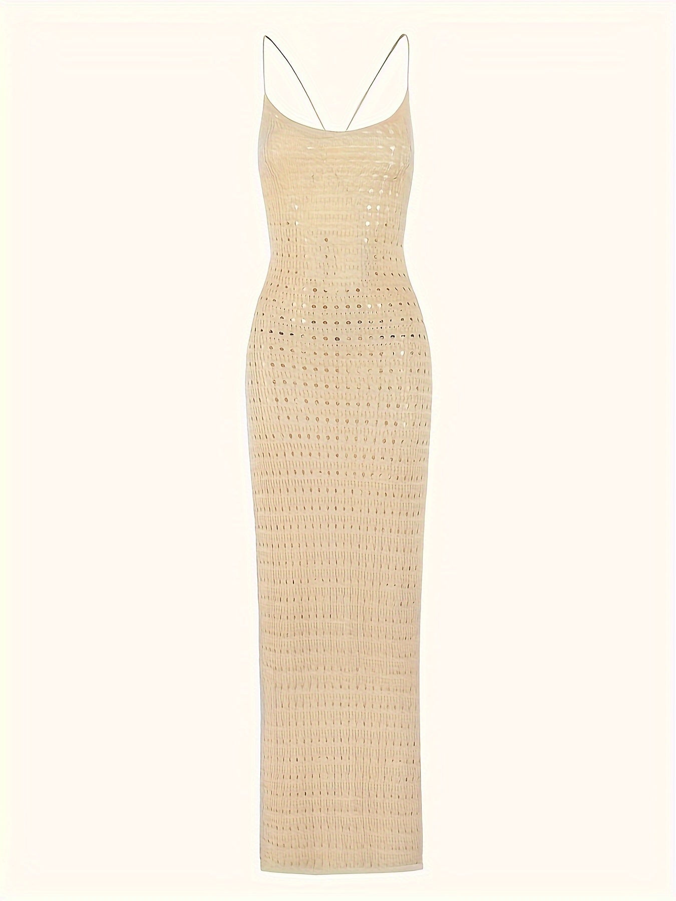 Hollow Out Knitted Backless Crisscross Strap Tie Back Elegant Style Plain Khaki Split Side Cover Up Dress, Women's Swimwear & Clothing