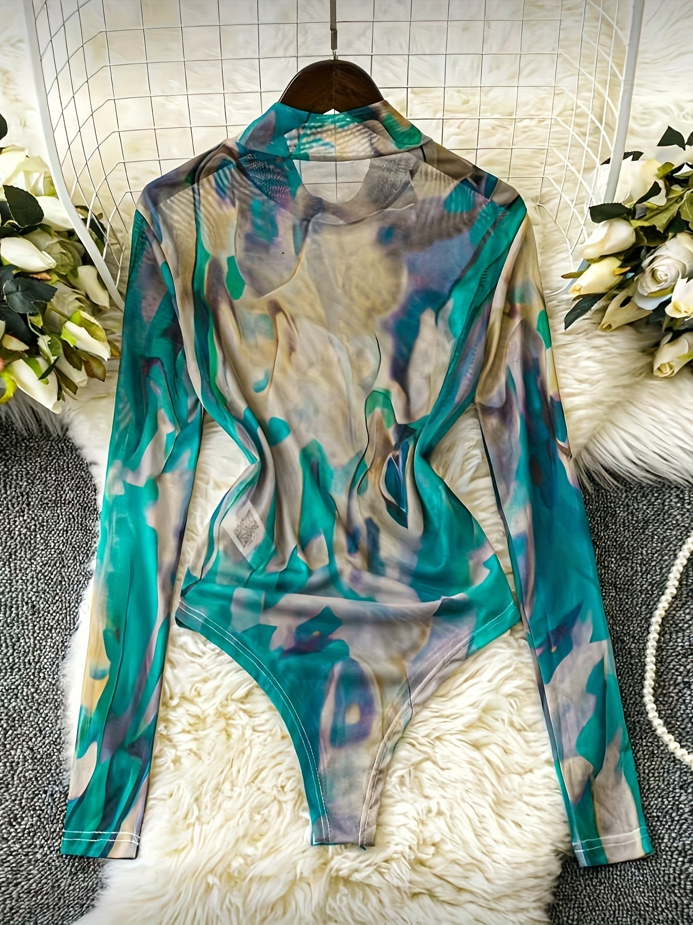 Women's Y2K Tie-Dye Mesh Long Sleeve Fitted Jumpsuit