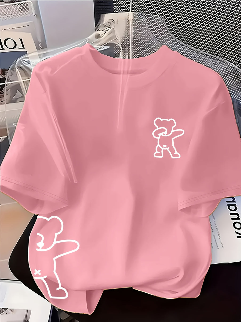 Women’s fashion trend: cartoon bear pattern print, short sleeve, comfortable casual.