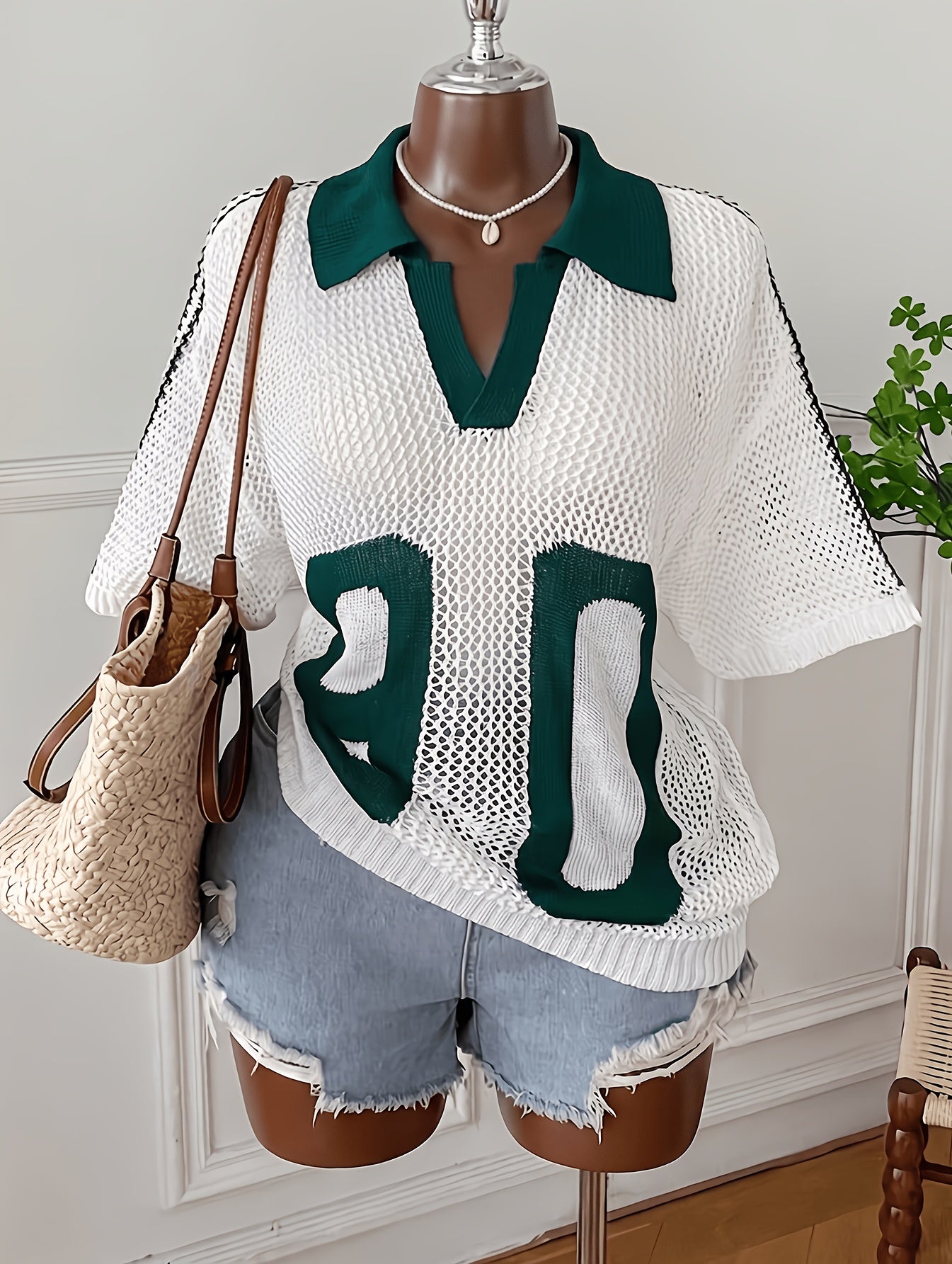 Plus Size - Plus Size - 2026 New European And American Plus Size College Style Big Letter Mesh T-Shirt, American Vintage Color Block Polo Collar Summer Hollow Loose Short Sleeve Top