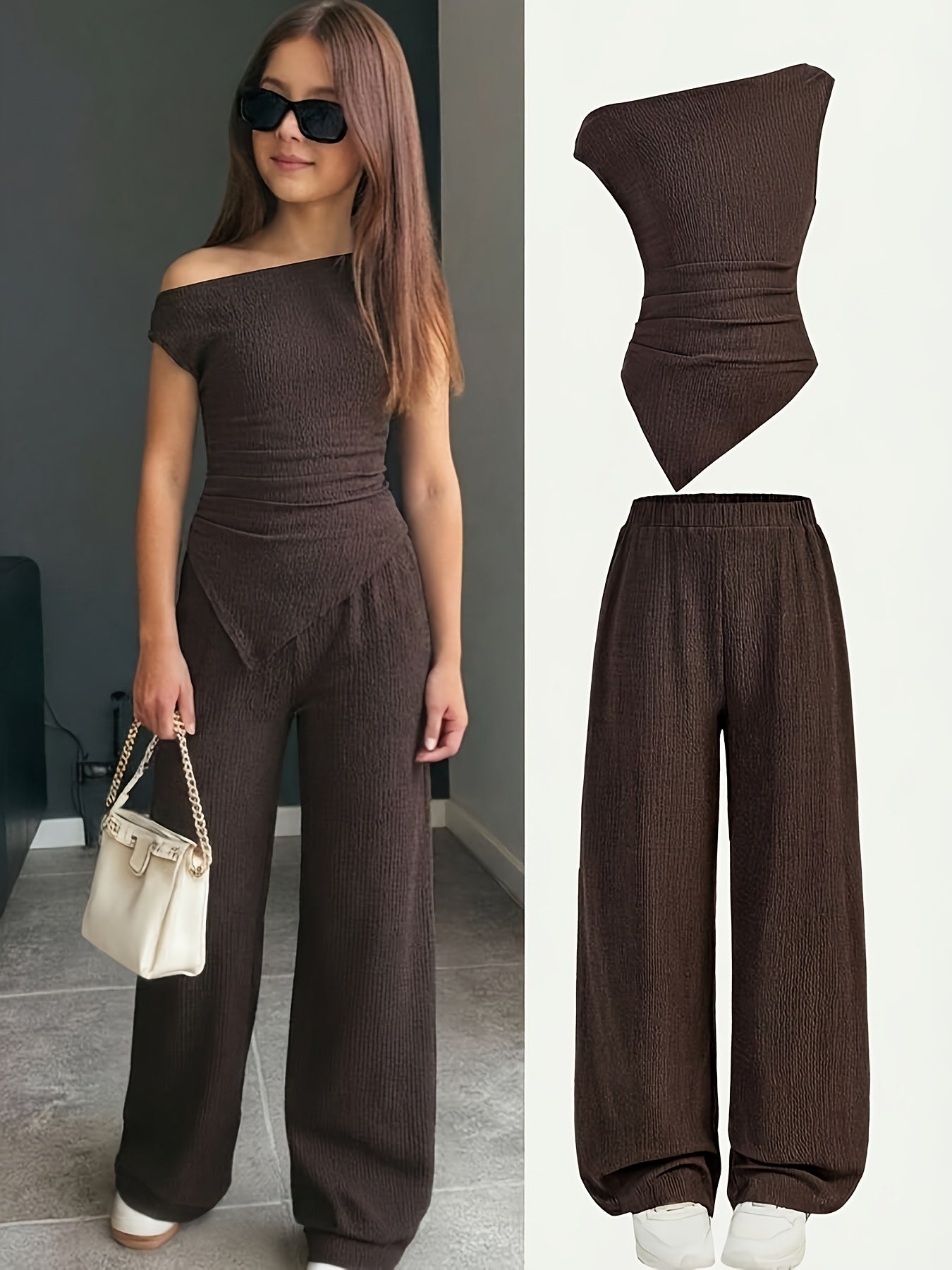 2pcs Set, Including a Casual Coffee-colored Pleated Off-shoulder Sleeve Knit Top and Flared Pants, Suitable for Home, Outdoor, Travel, Daily Casual Wear, and School Occasions, Perfect for Outdoor