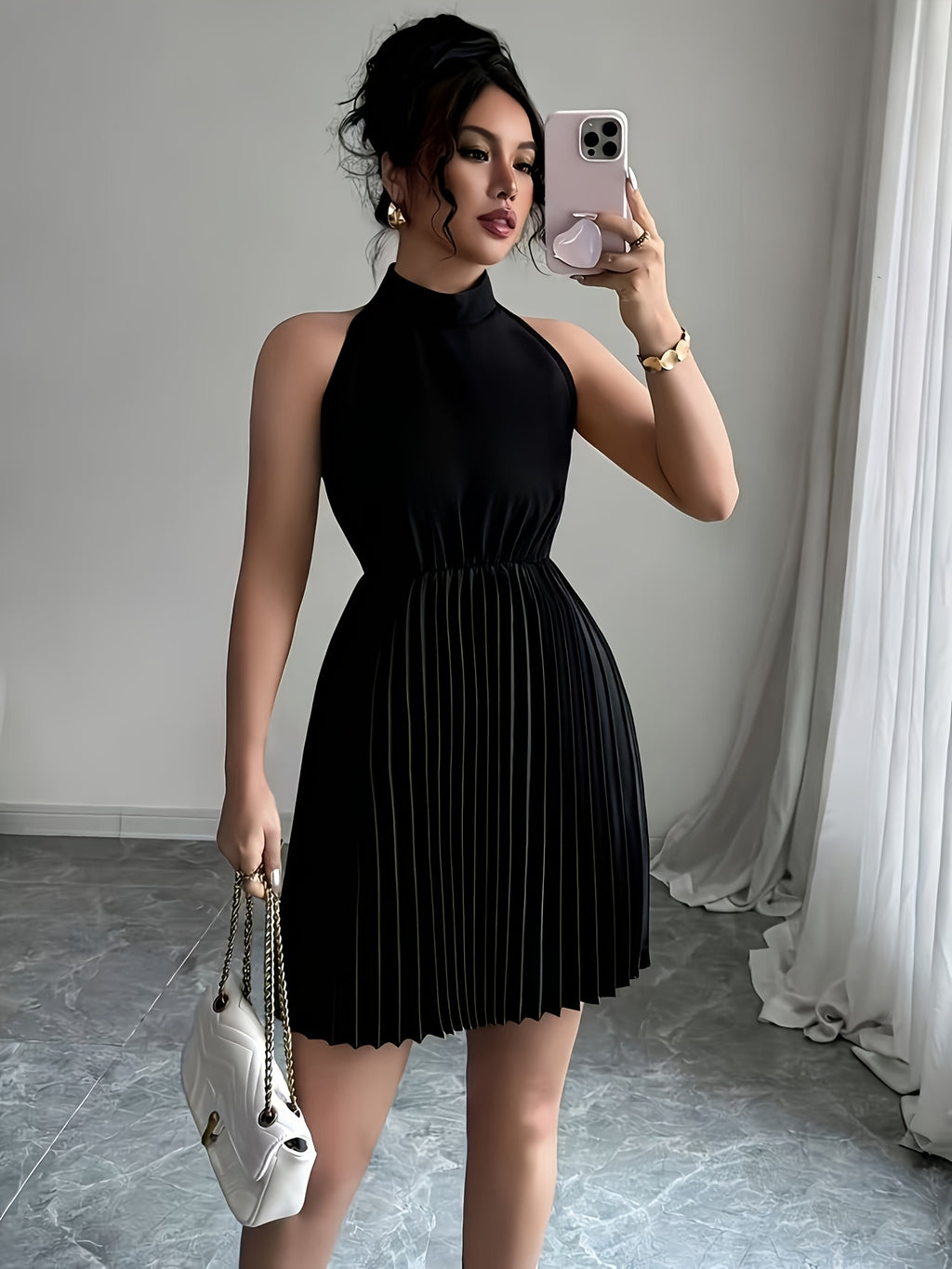 Accordion Pleat Sleeveless Slim Dress