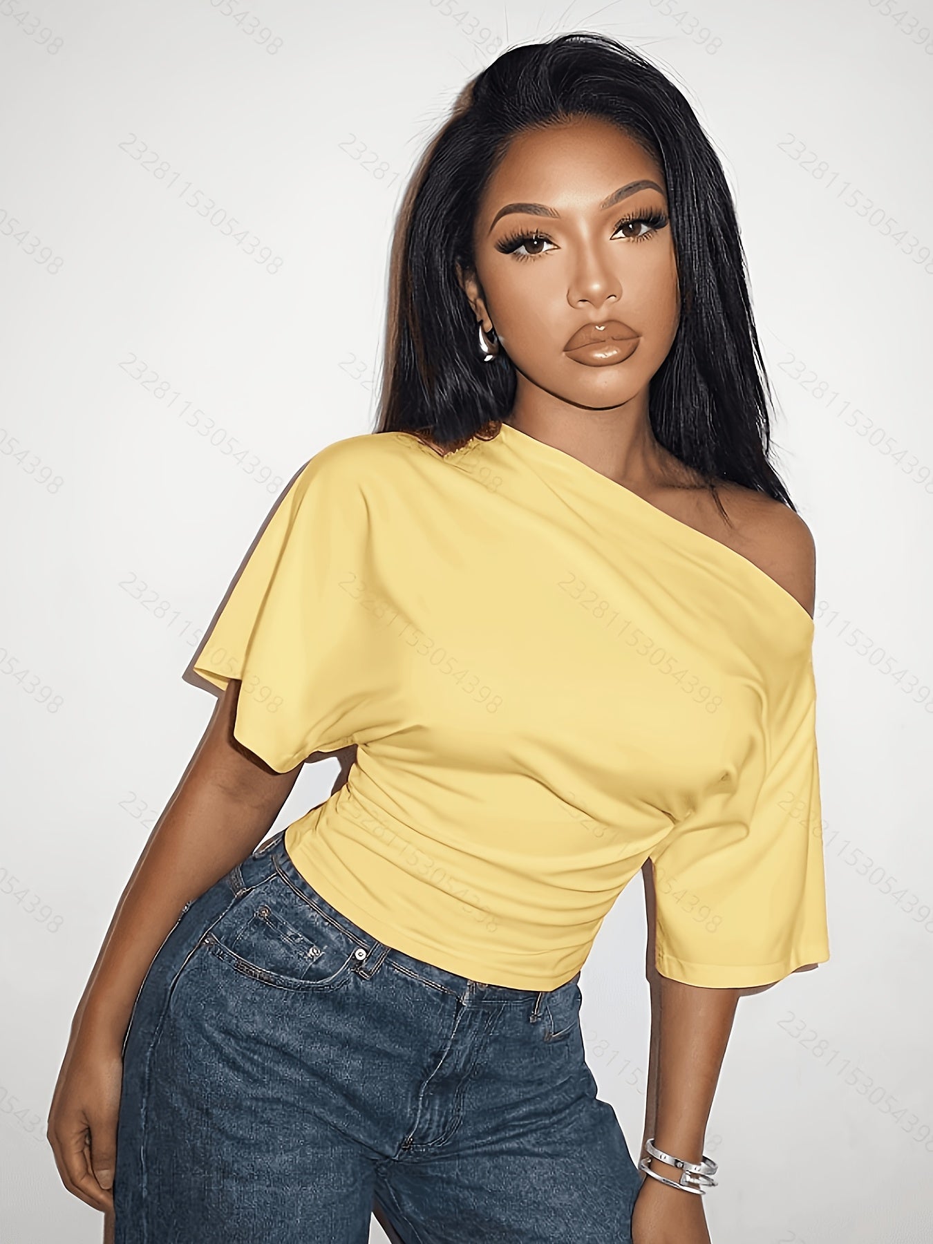Cat Ear Elegant Directional Ladies Summer Off-The-Shoulder Solid Color Short-Sleeved T-Shirt, Casual Elegant Comfortable
