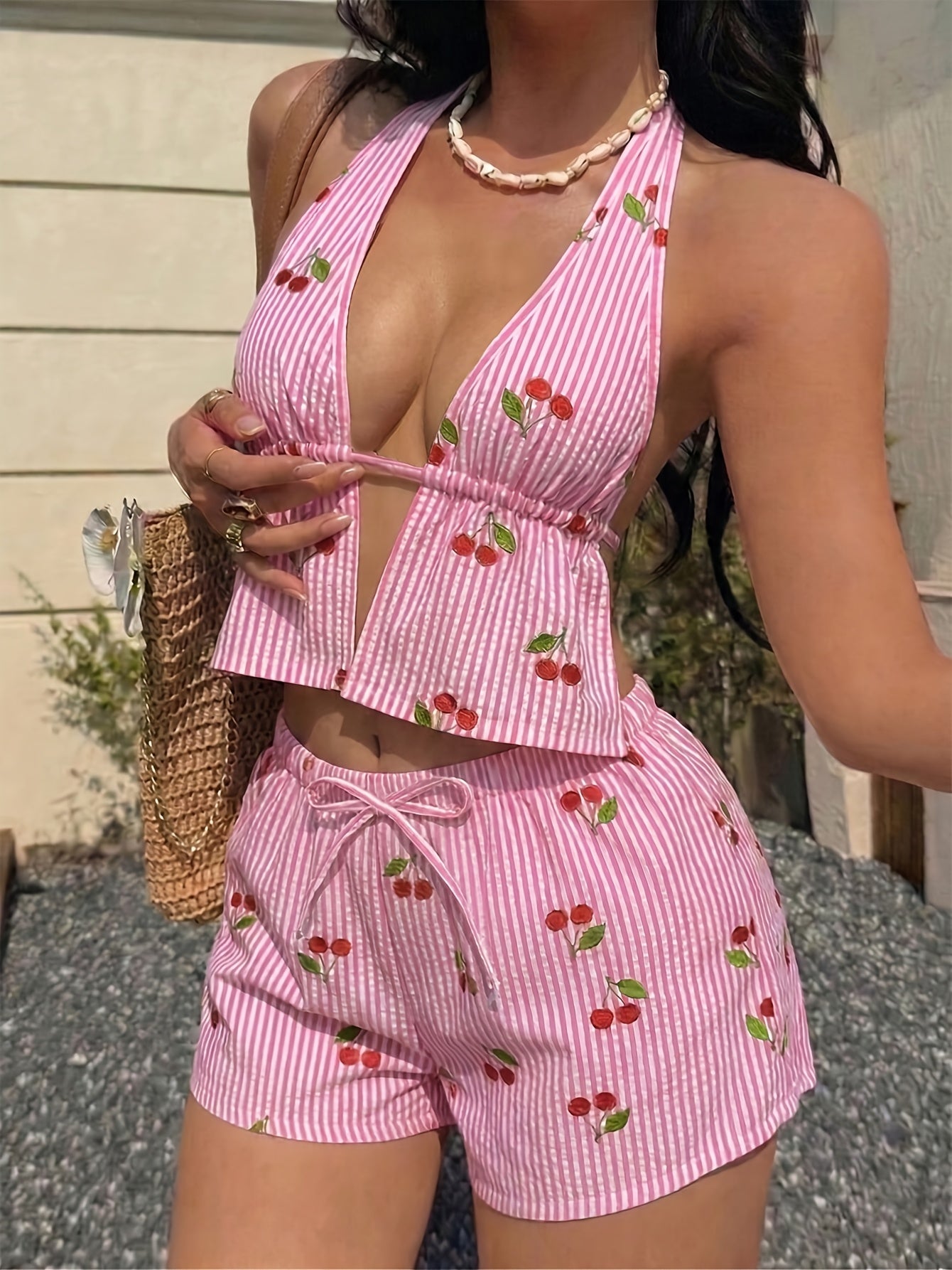 Women's Pink Striped Cherry Print Bow Pajama Set
