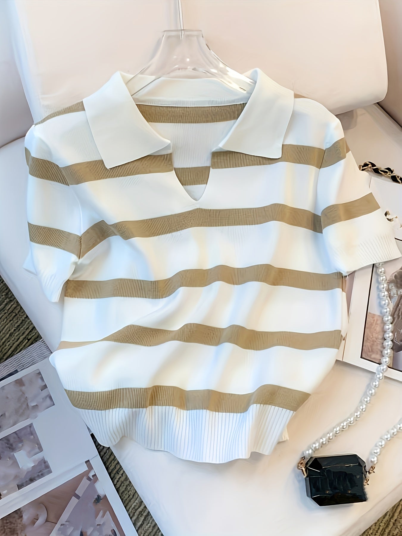Women's Striped Polo Cropped Pullover Sweater