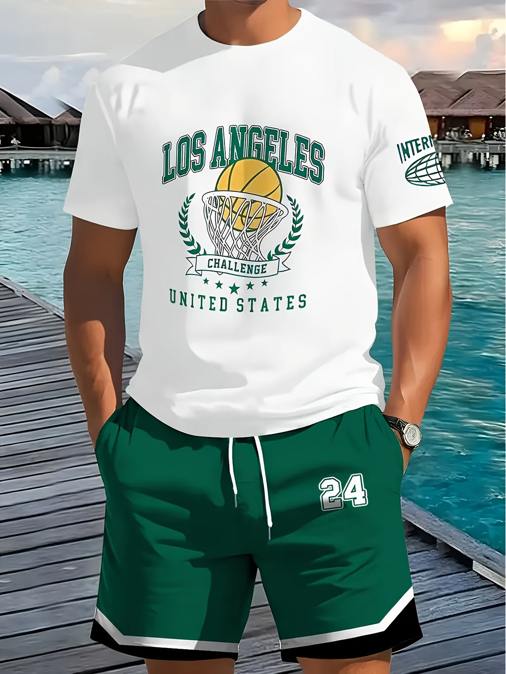 2pcs T-Shirt + Shorts Set, Los Angeles Letter Print, Basketball Training Outfit, 3D Printing Technology, New Upgraded Fabric, Comfortable and Breathable, Suitable for Outdoor Sports & Fitness