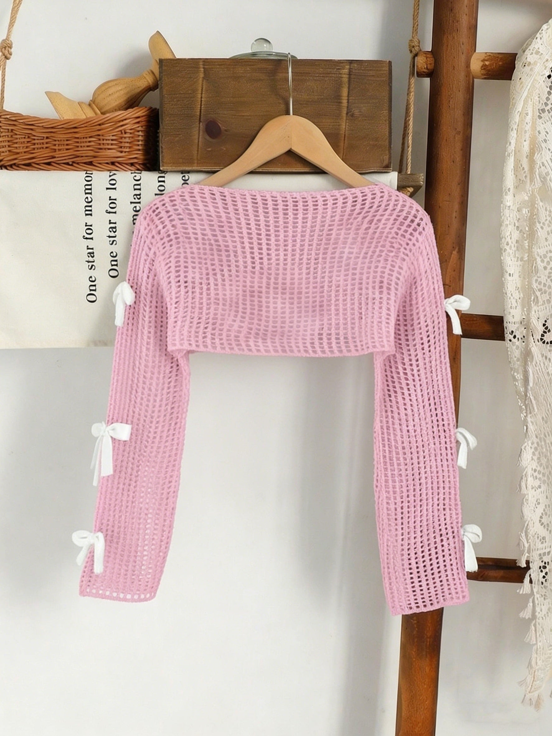 Girl's Beige Pullover Sweater, Cute Casual Fashion 3D Pink Bow Knitted Sweater for Girls, Children's Sweater, Teen Girl Clothing, Bow Sweater for Kids