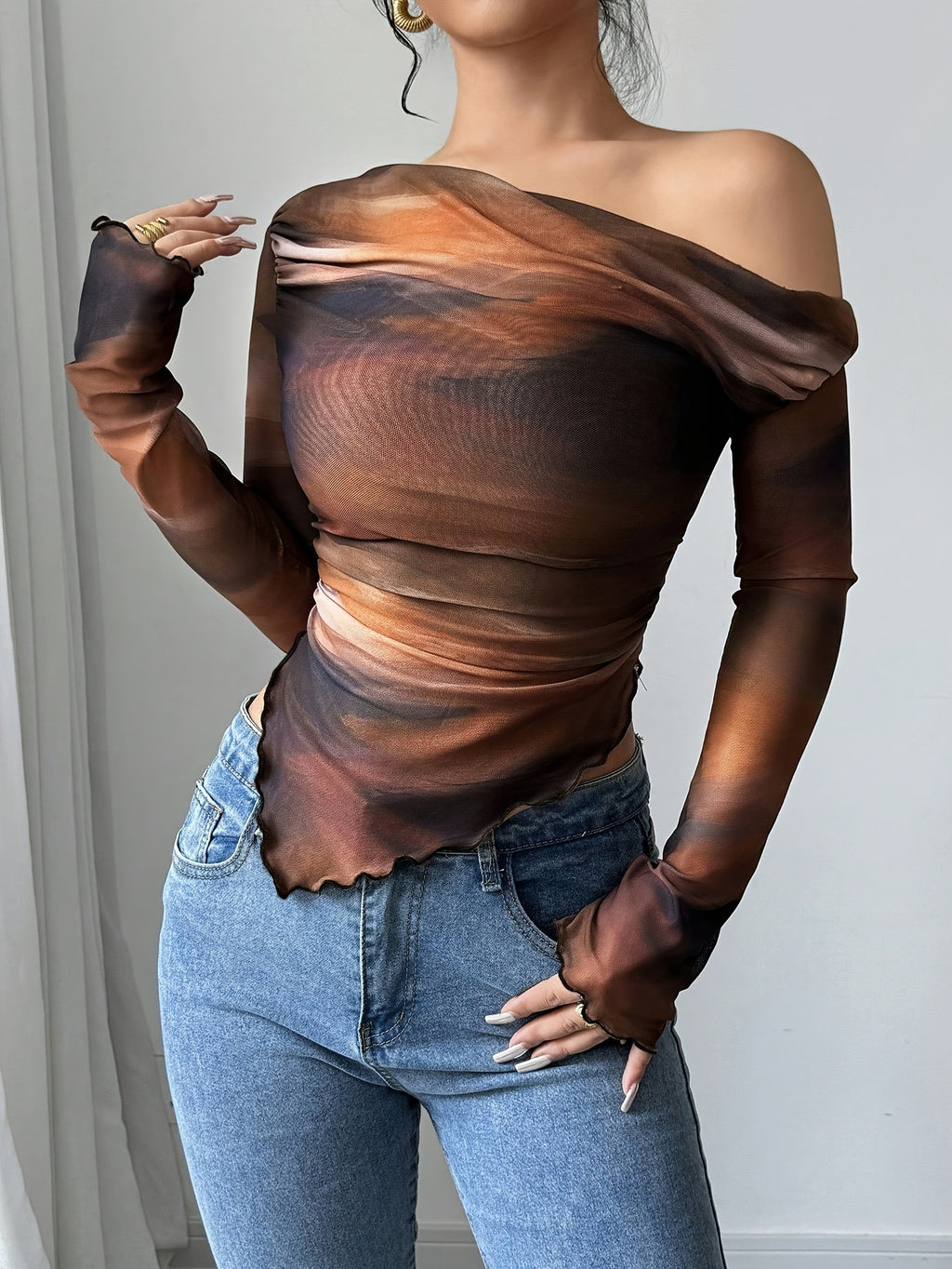 Women's YY1202017 Off-Shoulder Tie-Dye Long Sleeve T-Shirt - Asymmetrical Hem, Semi-Sheer Mesh Fabric, Medium Stretch, All-Season Casual Top, Stylish Blouse, Flowing Sleeves, Soft Texture, Fashion Blouse, Trendy Shoppers