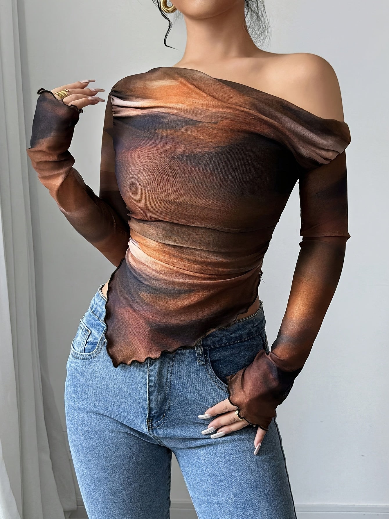 Women's YY1202017 Off-Shoulder Tie-Dye Long Sleeve T-Shirt - Asymmetrical Hem, Semi-Sheer Mesh Fabric, Medium Stretch, All-Season Casual Top, Stylish Blouse, Flowing Sleeves, Soft Texture, Fashion Blouse, Trendy Shoppers