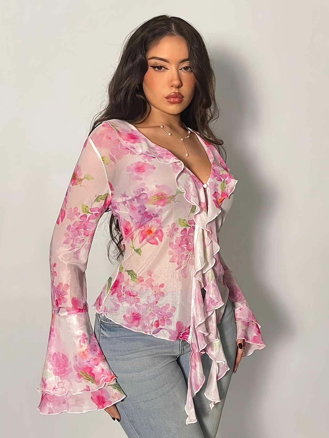 Women's Floral V-Neck Ruffle Long Sleeve Tulle Top