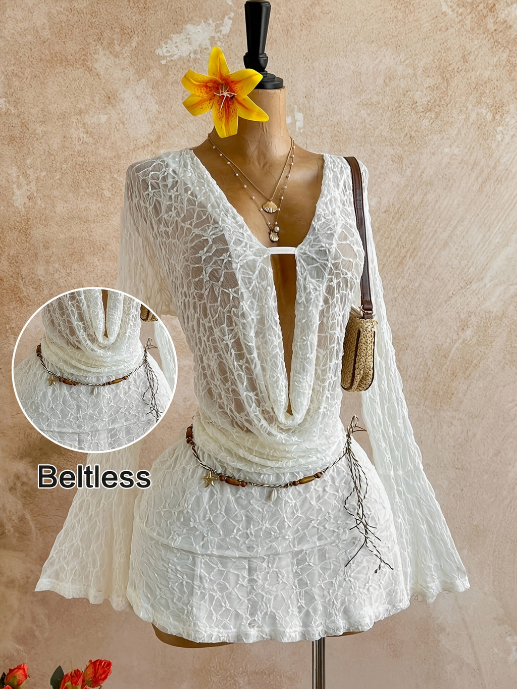 Women's White Lace V-Neck Flared Sleeve Dress