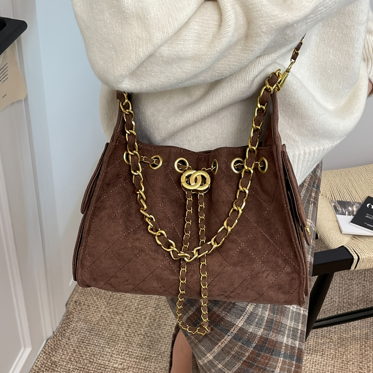 Women's Crossbody Bag, 1pc, Woven Chain Women's Bag, 2026 Hot New Style, Trendy Fashion, All-Season Versatile Commuter Underarm Bag, Large Capacity Drawstring Bucket Crossbody Bag, Niche Design, Premium Texture