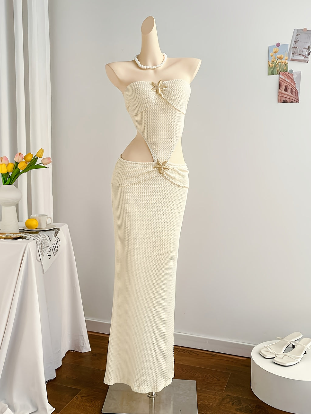 Beach Metal Shell Decoration Vacation White High-Waisted Hollow Jacquard Elastic Mermaid Dress