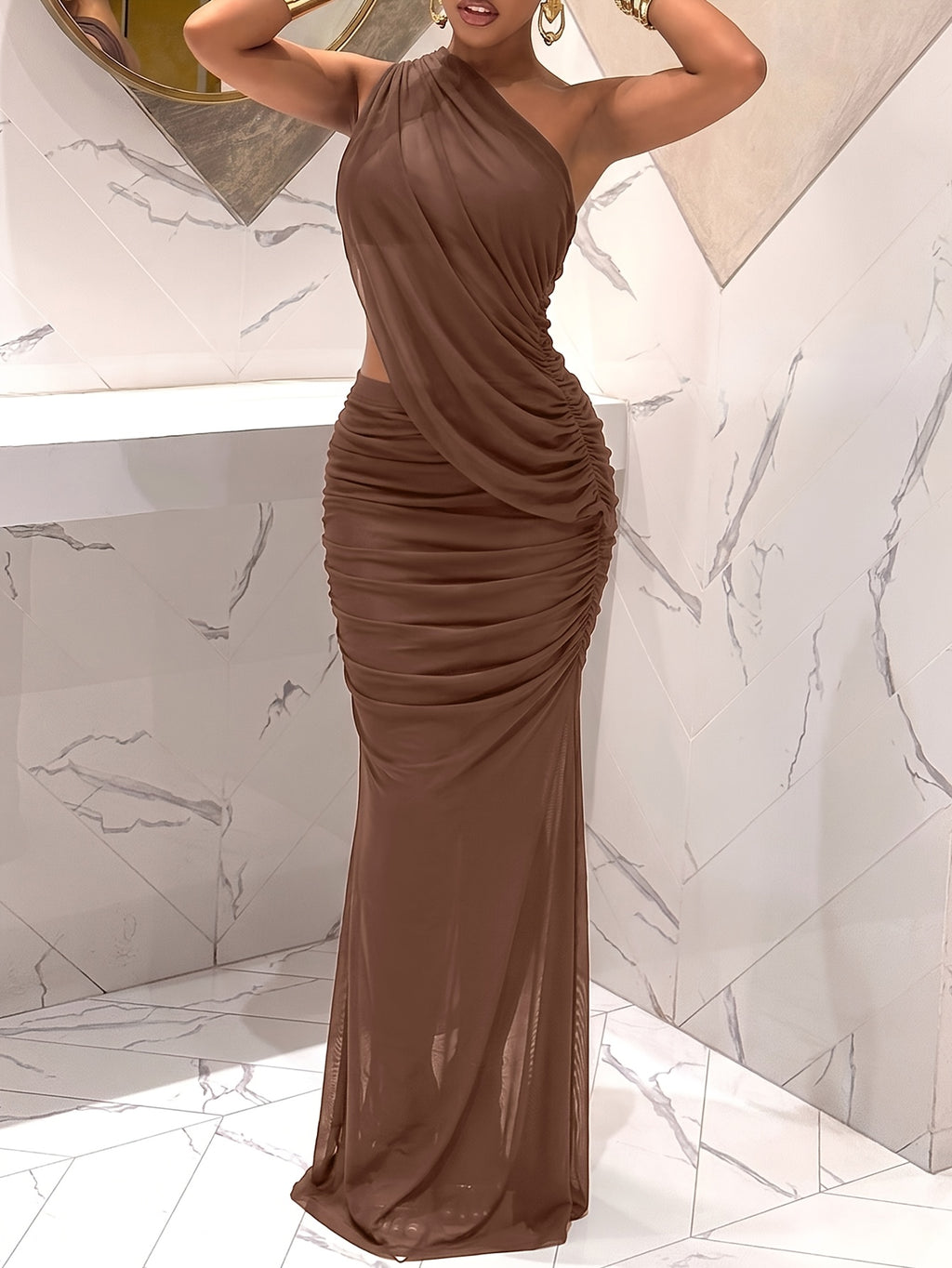 Women's Off-Shoulder Ruched Mesh Bodycon Evening Dress