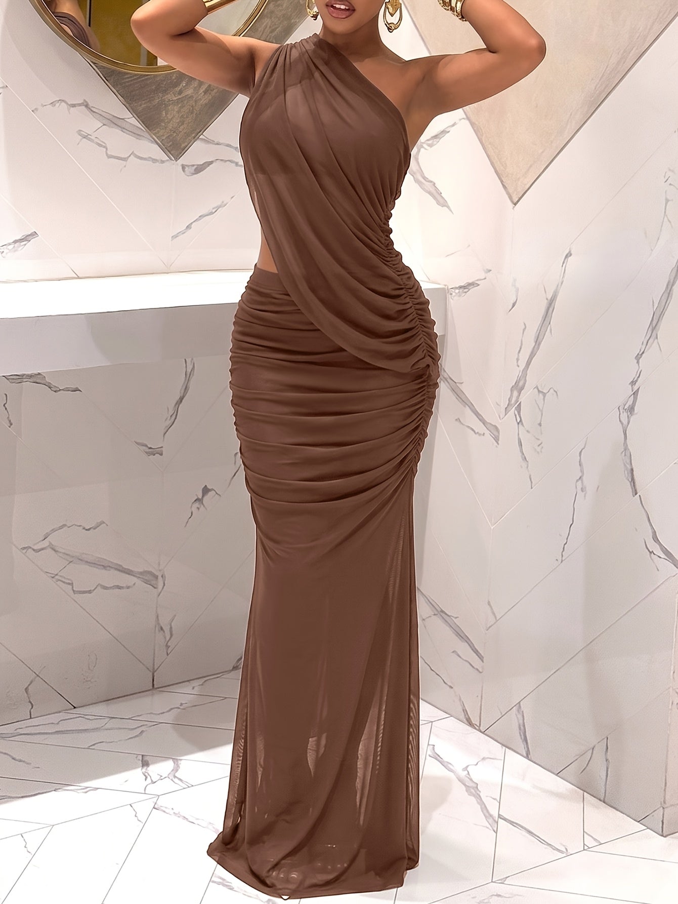 Women's Off-Shoulder Ruched Mesh Bodycon Evening Dress