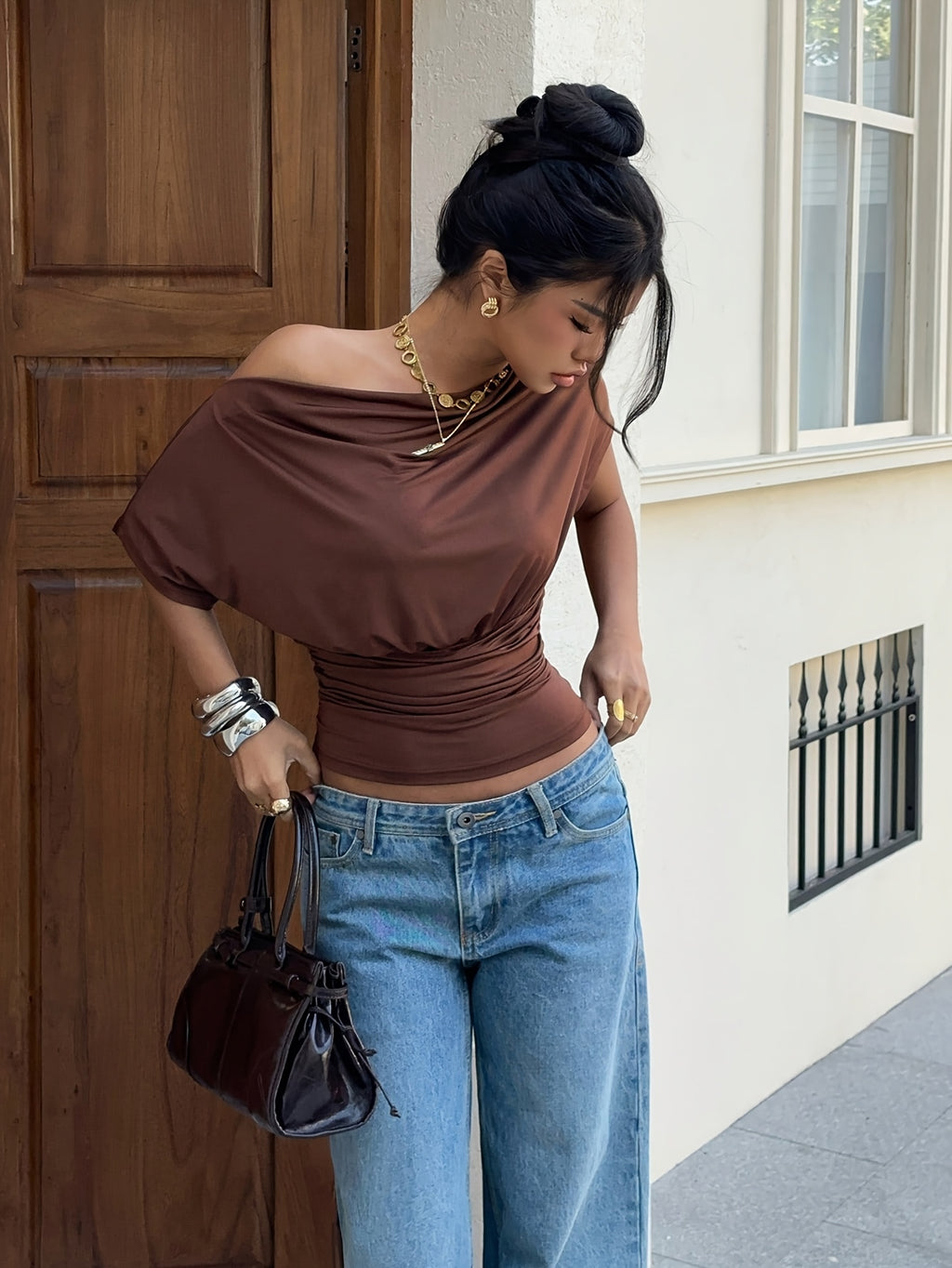 Gauze Off-Shoulder Short-Sleeve Top, Open-Shoulder One-Piece T-Shirt