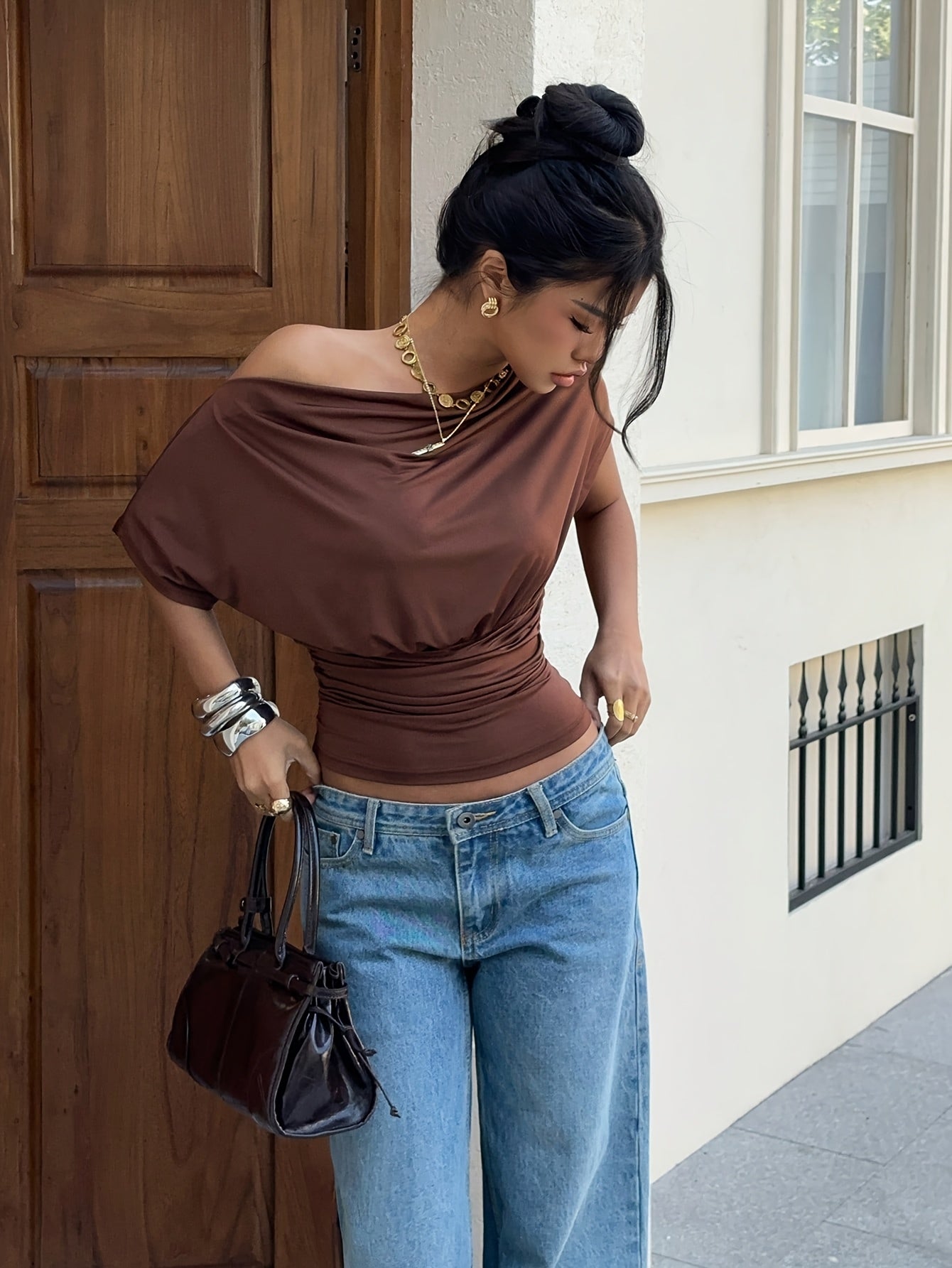 Gauze Off-Shoulder Short-Sleeve Top, Open-Shoulder One-Piece T-Shirt