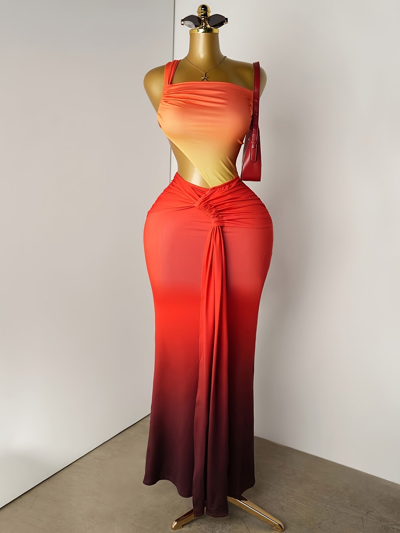 Women's Orange Gradient Backless Pleated Slim Maxi Dress