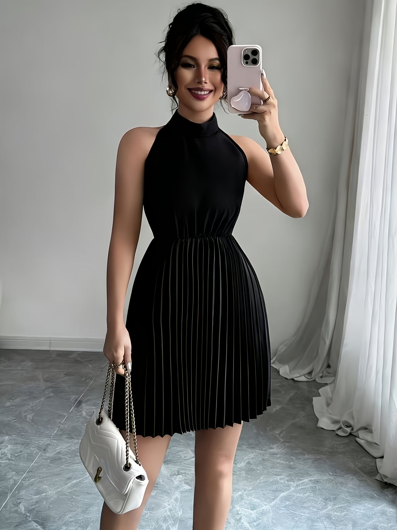 Accordion Pleat Sleeveless Slim Dress
