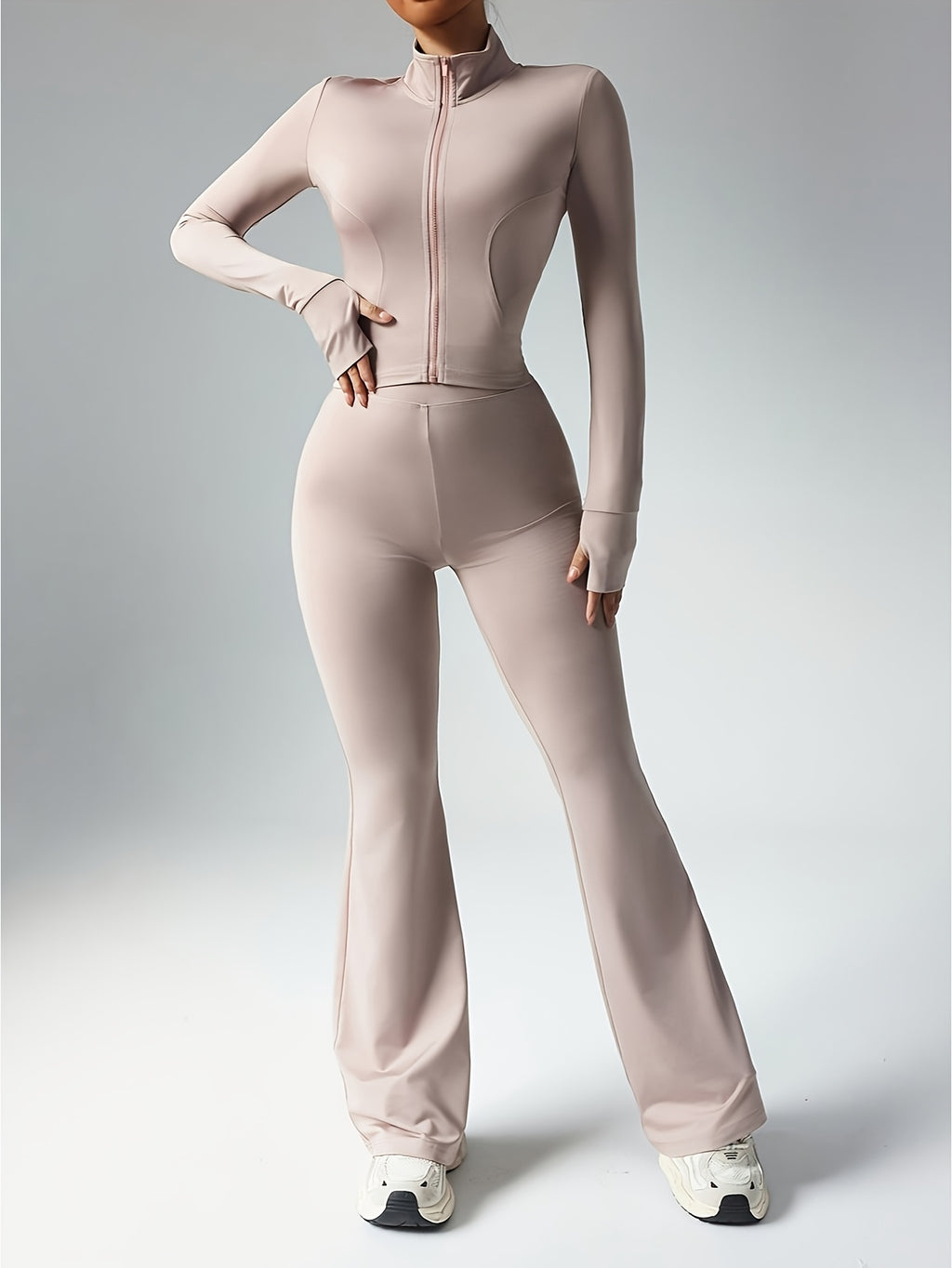 2026 Spring Summer Women's 2pcs Jacket & Flare Pants Leisure Sports Set, Zip Slim Thumb Hole Top, High Waist Tight Flare Pants, Pre-Holiday