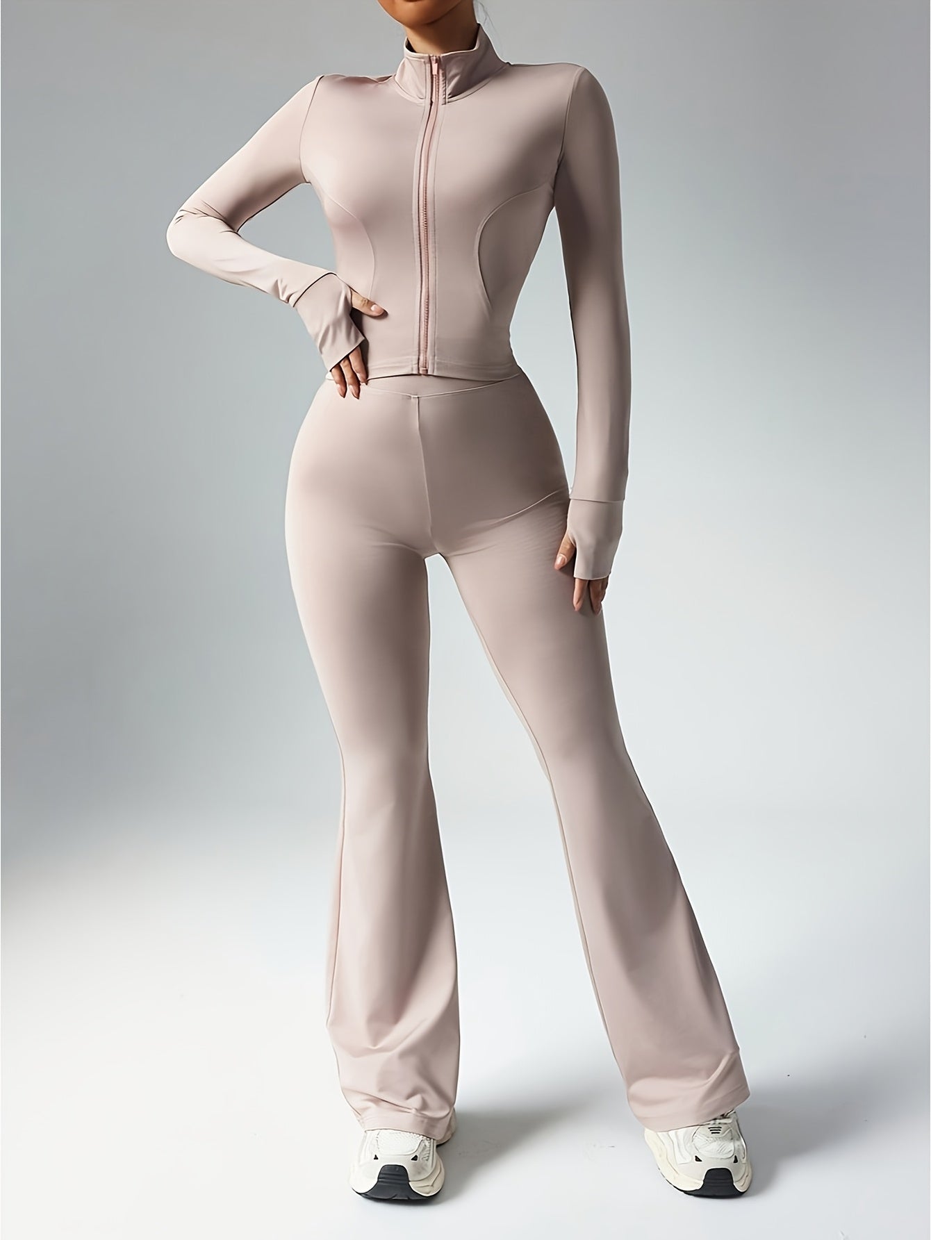 2026 Spring Summer Women's 2pcs Jacket & Flare Pants Leisure Sports Set, Zip Slim Thumb Hole Top, High Waist Tight Flare Pants, Pre-Holiday