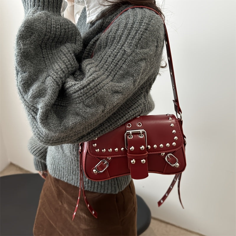 This Year's Popular Bag for Women New Motorcycle Punk Style Versatile One Shoulder Underarm Bag Fashionable Commuting Small Square Bag