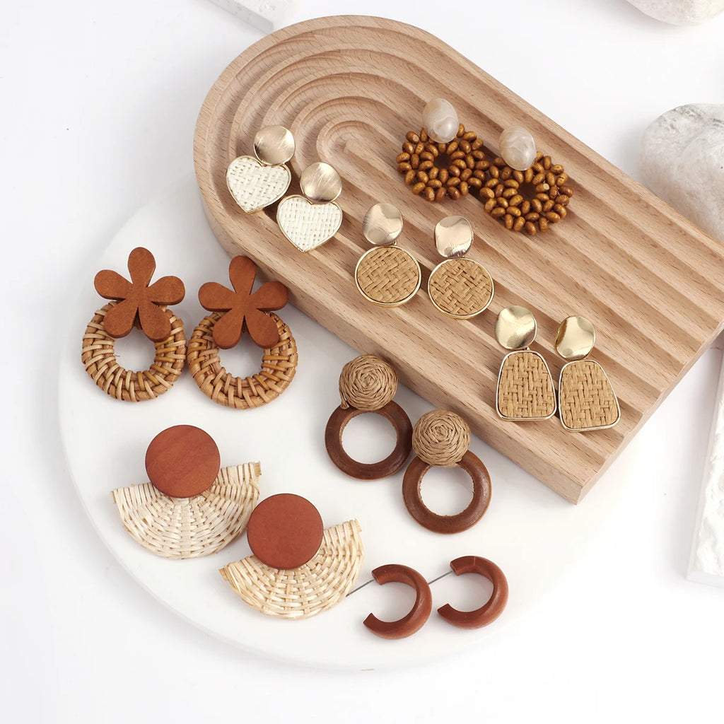 Boho Wooden Rattan Drop Earrings