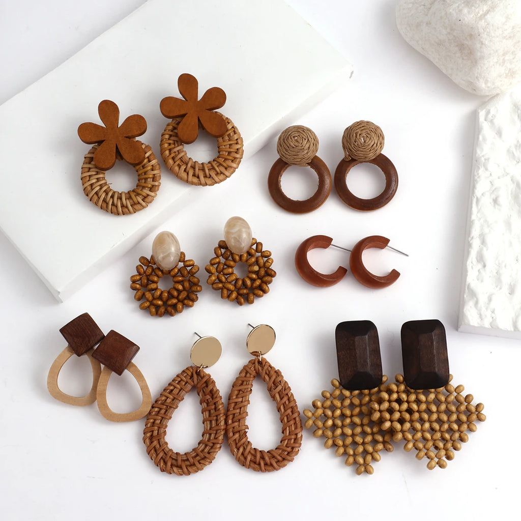 Boho Wooden Rattan Drop Earrings