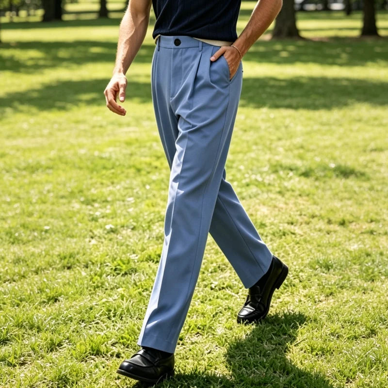 Men's High Waist Pleated Wide Leg Suit Trousers