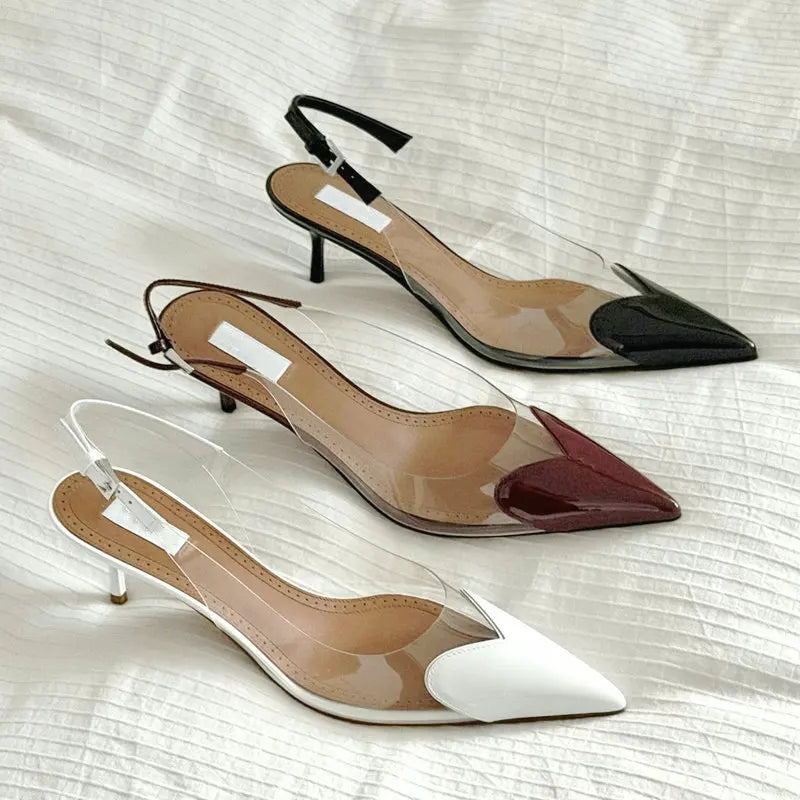 Women’s sandals, pointed toe, shallow mouth, sweet love shape, transparent PVC, thin high heels.