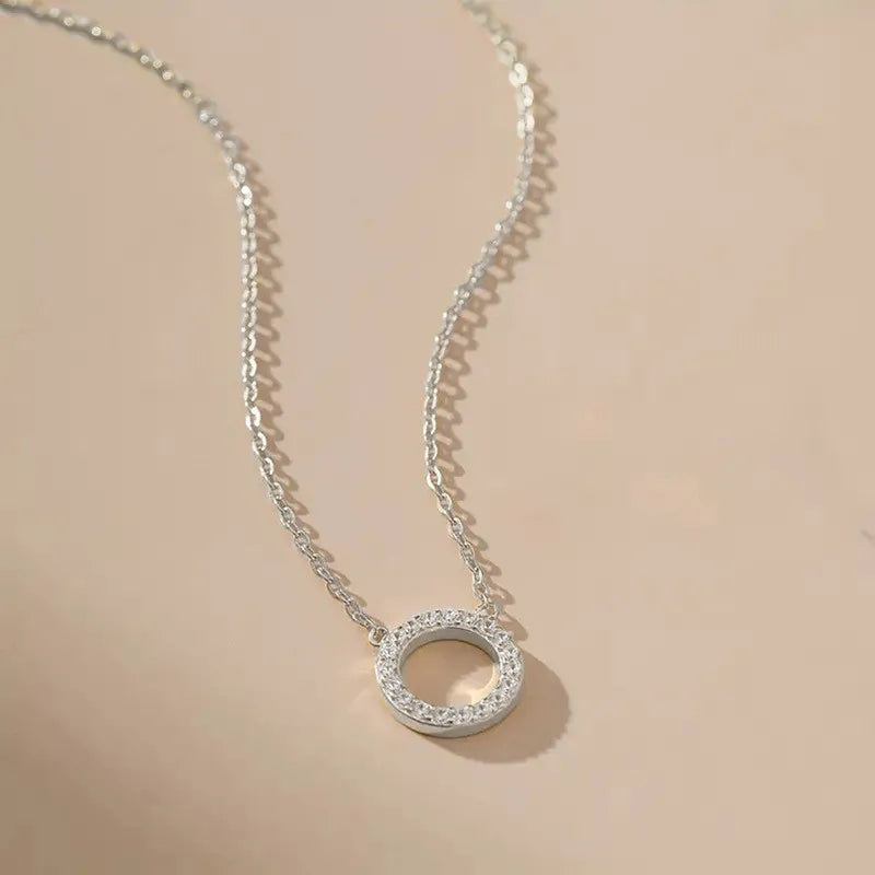 Women's 925 Silver CZ Circle Pendant Choker Necklace